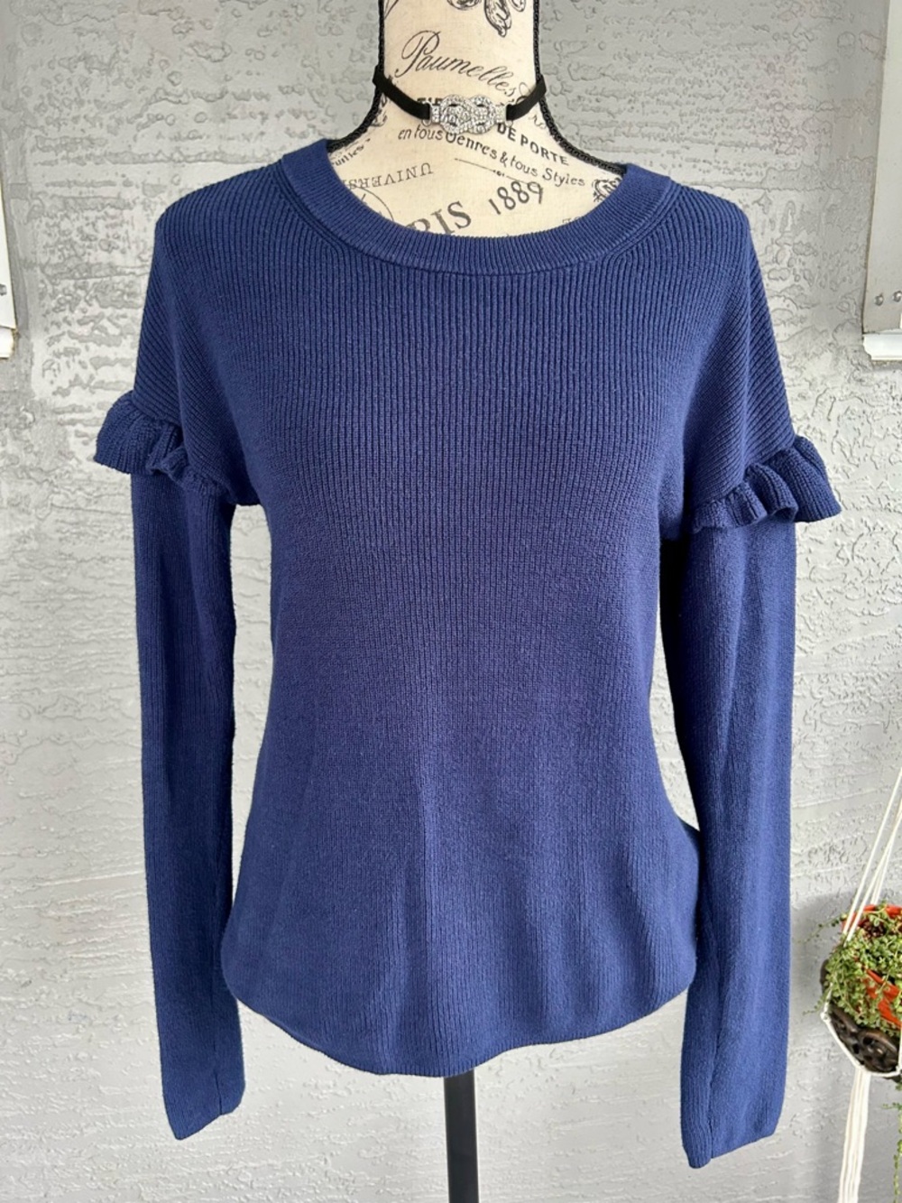J. Crew Navy Ruffle-Trim Knit Sweater
